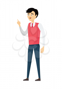 Brunet school teacher in red pullover and blue pants. Smiling teacher with raised hand. Stand in front. Learning process. Teacher isolated character. School personage. Vector illustration