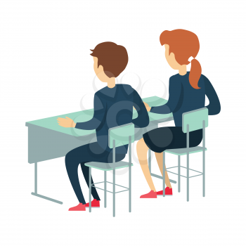 Pupils sitting at a school desk. Studying in classroom. Smiling pupils in school uniform. Learning process. Schoolgirl and schoolboy personage. Vector illustration on white background