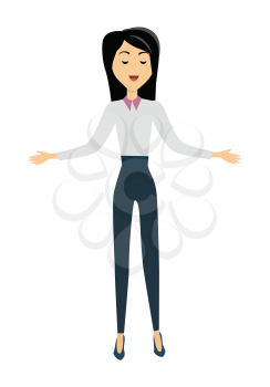 Brunette school teacher in white blouse and blue pants. Smiling teacher with empty hands on both sides. Stand in front. Teacher isolated character. School personage. Vector illustration