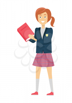 Schoolgirl in blue jacket and purple skirt with book. Smiling girl in school uniform. Stand in front. Schoolgirl isolated character. School personage. Vector illustration on white background