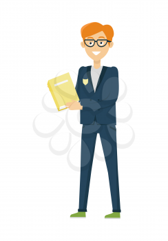 Schoolboy in blue jacket and pants with book. Smiling boy in school uniform. Stand in front. Schoolboy with glasses isolated character. School personage. Vector illustration on white background.