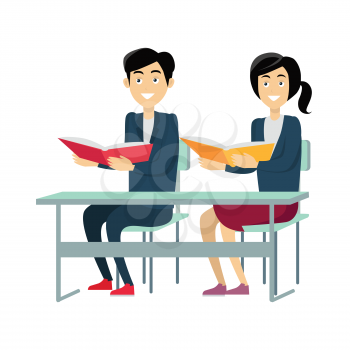 Pupils with textbooks sitting at a school desk. Studying in classroom. Smiling pupils in school uniform. Learning process. Schoolgirl and schoolboy personage. Vector illustration on white background