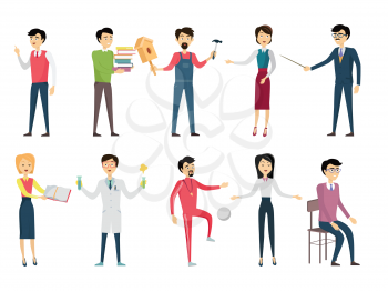 Set of school teacher characters. Smiling teachers in different poses. Teachers of various school subjects. Men and women stand in front. Learning process. Teacher isolated character. School personage