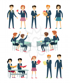 Set of school education situation. Set of illustrations with learning process, pupils in school uniform, pupils at school desk, school situation, school subject. Schoolgirl and schoolboy personage.