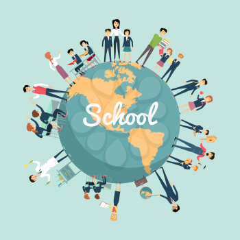 School education in the world concept. Pupils and teachers holding hands around the globe on blue background. Illustrations with learning process, pupils in school uniform, teacher near blackboard.