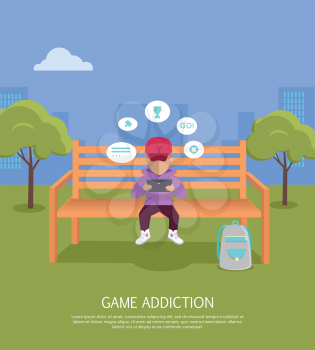 Game addiction banner. Boy whis tablet computer sitting on wooden bench in the park. Boy with dialog window. Boy using tablet. Urban cityscape with boy, park, bench, trees, blue sky and white clouds
