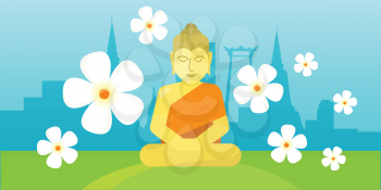 Thai god Buddha sitting on meadow over city landscape. Yoga zen. Indian, Buddhism, spiritual art, esoteric. Asian religion buddha statue with calm face. Traditional peaceful natural church buddha.