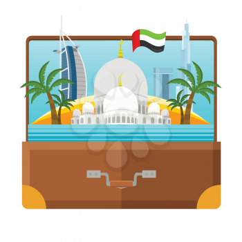 United Arab Emirates tourism poster design with attractions. Open suitcase with Emirates landmarks. Sheikh Zayed Mosque. Emirates travel poster design in flat. Travel composition with famous landmarks