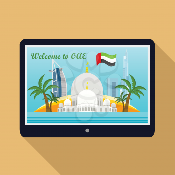 United Arab Emirates traveling banner. Landscape with arabic landmarks on tablet screen. Skyscrapers. Grand Mosques. Nature and architecture. Part of series of travelling around the world. Vector