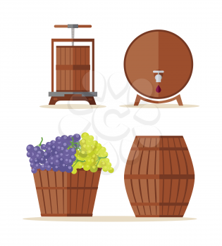 Wine barrels set. Collection of tuns, buts, containers, octaves. Wooden wine casks. Basket with grapes. Check elite vintage strong wine. Part of series of viniculture production items. Vector