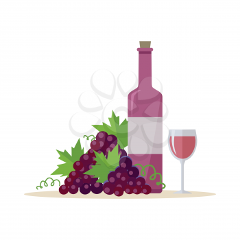 Bottle of red wine and wineglass with bunches of wine grapes. Bottle with label and glass of red wine. Wineglass full of red wine. Wine icon. Vineyard grape icon. Red grapes icon.