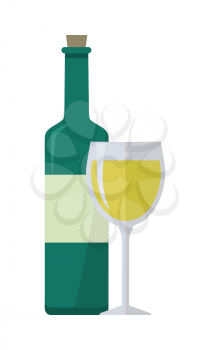 Bottle of white wine and wineglass. Bottle with label and glass of white wine. Wineglass full of white wine. Wine icon. Isolated object in flat design on white background. Vector illustration.