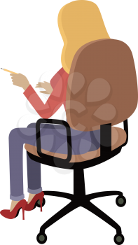Woman sitting on the chair and pointing on something by finger. Back view. Women at work. Endless work seven days a week. Working moments. Part of series of work at the office. Vector illustration