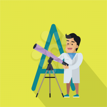 A letter and spaceman scientist with telescope. Human characters in white gowns with scientific instruments. Alphabet series with people. Astronomy and astrology. Scientific concept. ABC vector