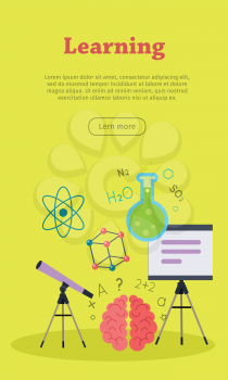 Learning banner with presentation whiteboard, telescope and brain. Learning infographic concept background. Scientific research, science lab, science test, technology illustration. Website template.