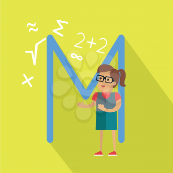 Science alphabet vector concept. Flat style. ABC element. Female character in glasses surrounded mathematical symbols, letter M behind. Educational glossary. On yellow background with shadow  