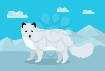 Polar fox on snowy mountains background. Flat style vector. Wild predatory animal. North fauna species in habitat. For nature concepts, children's books illustrating, printing materials