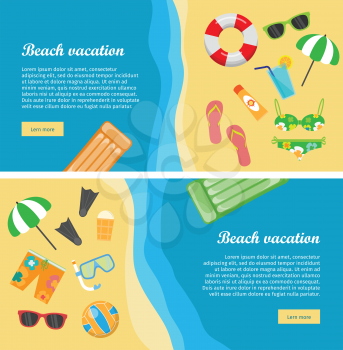 Beach vacation conceptual web banners. Flat style vector. Summer leisure on seacoast. Entertainments on sea shore. Horizontal illustration for travel company landing page, corporate site design