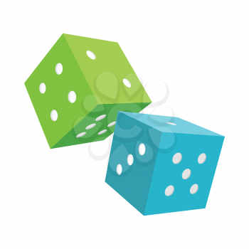 Dices isolated on a white background. Blue and green falling dices. Make wagers on the outcome of roll of a pair of dice. Gambling luck, fortune and bet, risk and leisure, jackpot chance. Vector