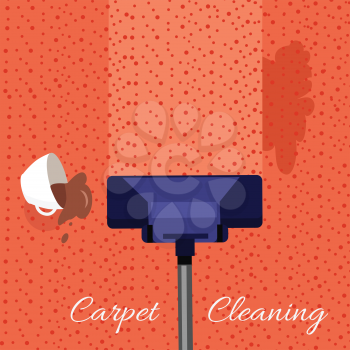 Carpet cleaning vector concept. Flat style. Vacuum cleaner cleans dirty carpet from dirt and stains from spilled coffee. Illustration for cleaning companies and services advertising, web page design