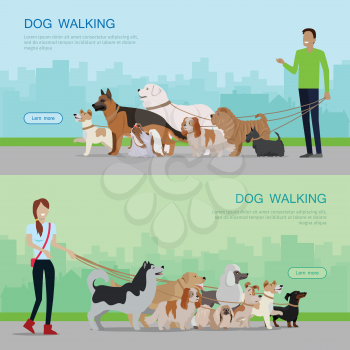 Professional dog walking banners set. Young man and woman walking with group of different breeds dogs on urban background. Dog service. Vector illustration in flat. Cartoon dog character, pet animal