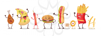 Set of fast food products for restaurants menu illustrating, diet concepts. Smiling and dancing pizza, hot dog, chicken thigh, hamburger, french fries, onion ring, sugar cartoon vectors in flat design