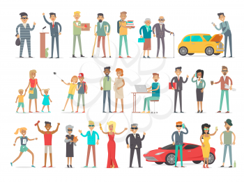 Collection of characters of different social level. People society concept. Rich and poor, successful and unfortunate, young and od, teenagers and aduts. Students and businessmen. Vector in flat style