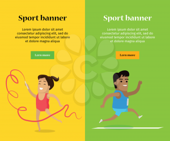 Sport banner. Artistic gymnastics and athletics sport template. Summer games colorful banner. Competitions, achievements. Athletes perform to show best results and win a trophy. Vector illustration