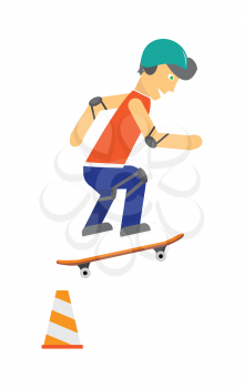 Skater vector. Male character in helmet, elbow, knee protection jumping on skateboard. Sports equipment flat illustration. Summer fun and healthy life. For sport concepts, advertising, web design