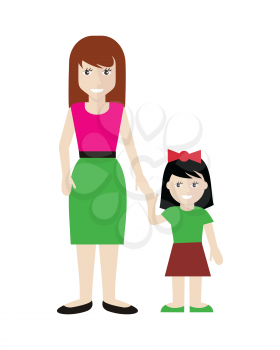 Mother and daughter vector in flat design. Smiling woman with little, cute girl holding hands. Childhood, family relations, motherhood and parenting illustrating. Isolated on white background.
