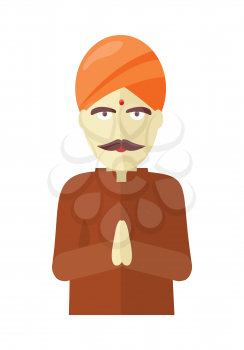 Indian man isolated on white background. Indian sadhu with crossed hands in colorful turban and robes. Hindu sadhu monk meditating. Man from India in national yoga suit. Vector illustration