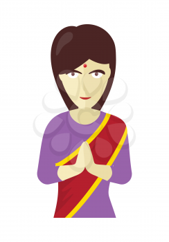 Indians woman in traditional dress performing namaste gesture. Young flat style Indian woman in traditional clothes. A rural Indian woman in sari. Vector illustration on white background