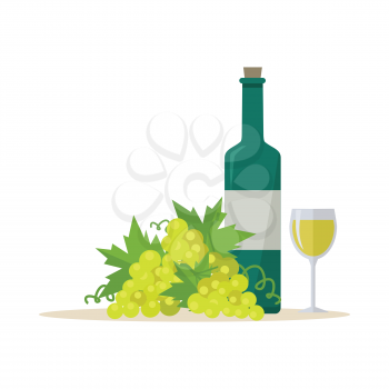 Bottle of white wine and wineglass with bunches of wine grapes. Bottle with label and glass of white wine. Wineglass full of white wine. Wine icon. Vineyard grape icon. White grapes icon.