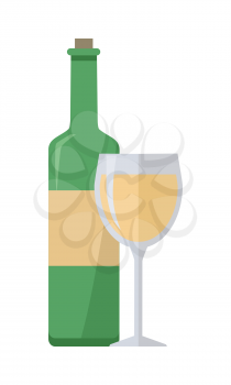 Bottle of white wine and glass isolated on white. Check elite vintage light wine. Winemaking concept. Vine icon or symbol. Part of series of viniculture production and preparation items. Vector
