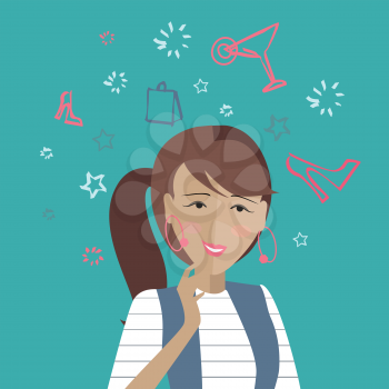 Woman dreaming about her weekends. Girl thinks how to spend her weekend cheerful. Thoughts that you need hang off at the party. Part of series of daily routine of the week. Vector illustration.