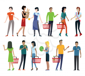 Set of customers and sellers characters vector templates. Flat style design. Man and woman making purchases and sell goods. Supermarket personnel, consumer choice and shopping in mall concept. 
