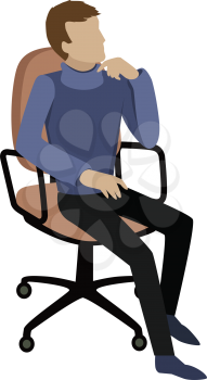 Man sitting on chair and dreaming about something or thinking about the problem solution. Boy at work. Endless work seven days a week. Working moments. Part of series of work at the office. Vector