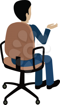 Man sitting on the chair and pointing on something by hand. Back view. Man at work. Endless work seven days a week. Working moments. Part of series of work at the office. Vector illustration
