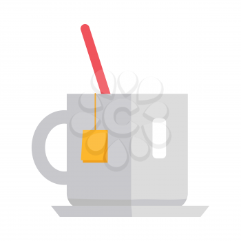 Cup of tea vector. Flat style design. White teacup with tea bag and spoon. Teatime, break, breakfast drinks concept illustration for cafe, shop ad prints, app icons, web design. Isolated on white. 