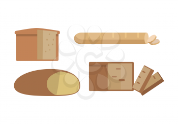 Set of different types of bread vector in flat design. Cake or bun with sliced part for baking concepts, bakery logotypes, food and healthy nutrition illustrating. Isolated on white background.    