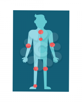 Anatomical scheme of human body. Vector in flat design. Center of inflammation. Man silhouette with red circles meaning diseased organs. Illustration for medical concepts. Isolated on white background