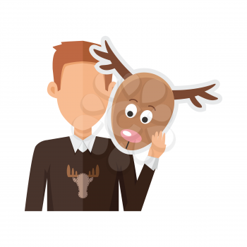 Red-head man character in sweater with deer mask in hand vector. Flat design. Masquerade animal clothing and party costume. Psychological portrait and hidden personality. Isolated on white background