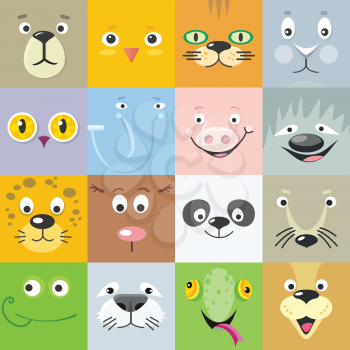 Set of color animal faces vector. Flat design. Mammals and birds heads cartoon icons. Illustrations for nature concepts, children s books illustrating, printing materials, web. Funny masks or avatars