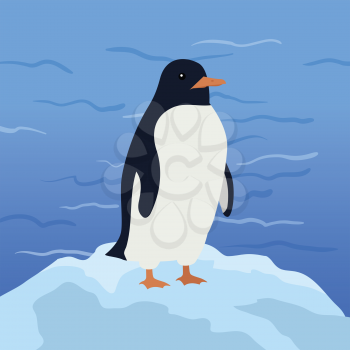 Funny emperor penguin on background of arctic glacier. Blue penguin with white belly. Animal adorable penguin vector character. Charming penguin. Wildlife character