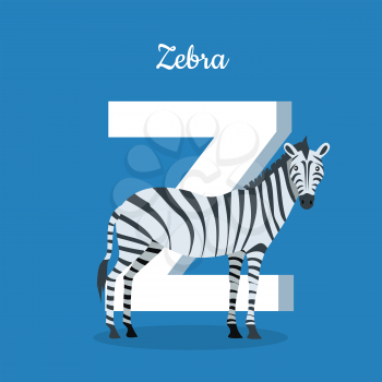 Animal alphabet vector concept. Flat style. Zoo ABC with wild animal. Zebra standing on blue background, letter Z behind. Educational glossary. For children s books, textbooks illustrating