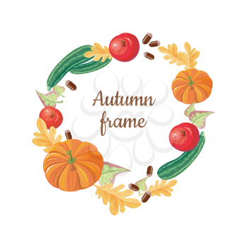 Autumn frame. Round frame from apples, oak and birch leaves, pumpkin, acorns, vegetable marrow. Fall fruits, vegetables, autumn food harvest, food agriculture, vegetarian. Add your text logo Vector