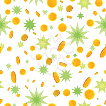 Seamless pattern with golden coins falling down and star splashes. Cartoon style. Golden money. Business success, bank credits, deposit, investment, saving, fortune concept. Modern flat design. Vector