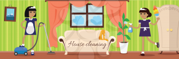 House cleaning banner. Two girls in uniform make cleaning in house. Cleaning service, clean house, house cleaning service, housework, home cleaning, domestic cleaning service, clean room illustration