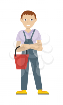 Cleaning service. Male member of the cleaner service staff in uniform with bucket. Worker of cleaning company. Successful cleaning business company. Room caretaker character. Vector illustration