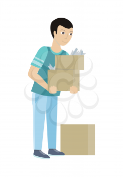 Cleaning service concept vector. Flat style design. Smiling man character carrying boxes with house rubbish. Small private business. Illustration for housekeeping companies and services advertising